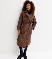 New Look Brown Quilted Revere Collar Belted Long Puffer Jacket